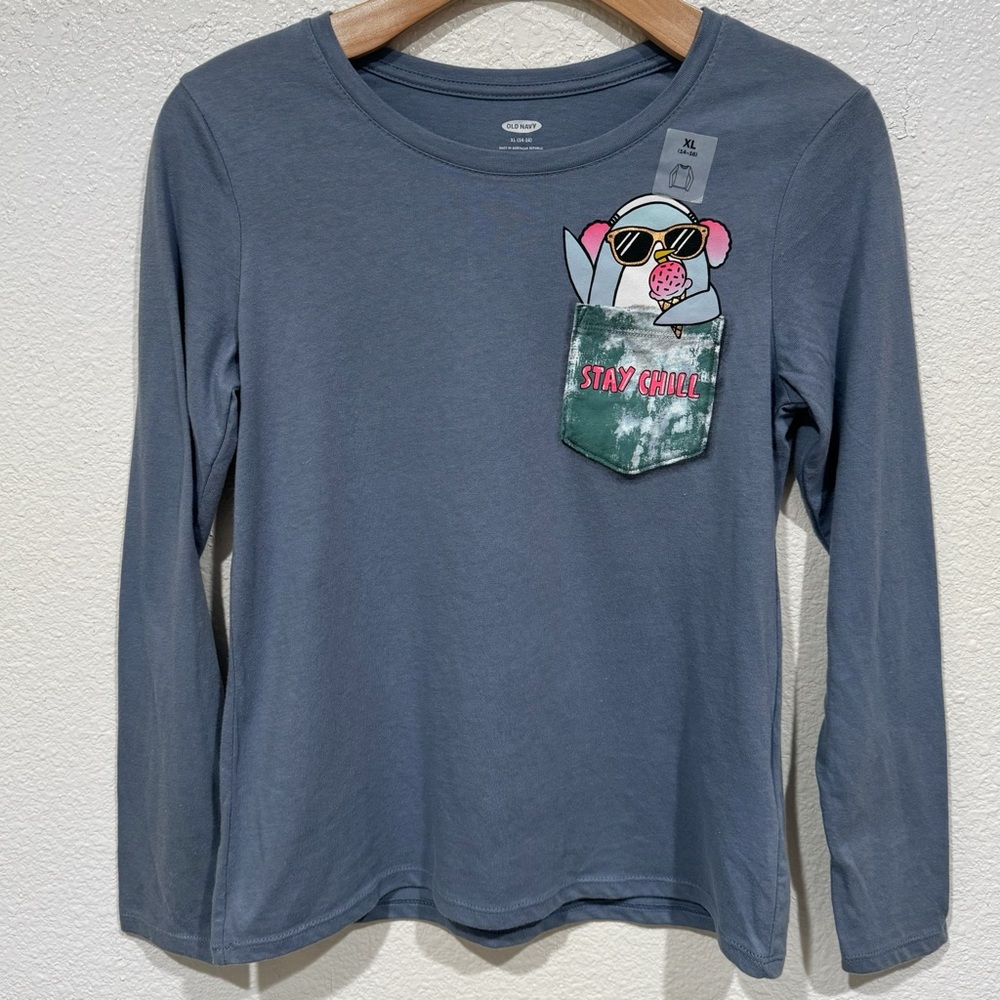 NWT Kids Old Navy Girls Blue Pink Stay Chill Penguin Ice Cream Long Sleeve T-Shi